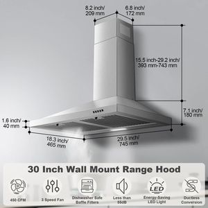 30-Inch Wandmontage Afzuigkap Ducted/Ductless Roestvrijstalen Afzuigkap 3-Speed Ventilator Led Licht Energiebesparende Baffle - Product Image 2