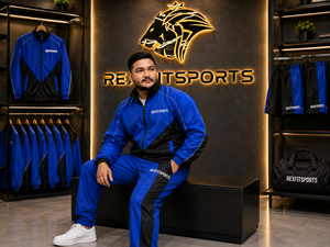 REXFIT SPORTS 2026 Custom <b>Men</b>’s Blue Black Color Block Tracksuit Full Zip Sports <b>Jacket</b> and Jogger Pants Set Private Label - Product Image 4