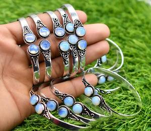 Rose Quartz, Moonstone, Malachite And Other Gemstone Silver <b>Bangles</b>, 925 Sterling Silver, Gemstone <b>Bangle</b>, Handmade <b>Bangles</b> - Product Image 2