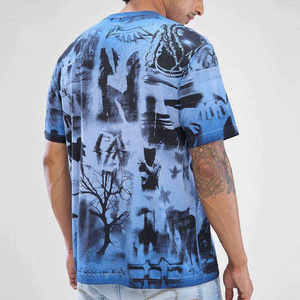 T-shirt pour homme bleu à imprimé graphique artistique, décontracté, surdimensionné, en mélange de coton, col rond, streetwear, manches courtes - Product Image 5