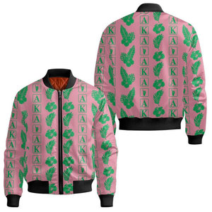 Blouson bomber rose et vert imprimé de haute qualité avec motif palmier et design de blason, veste décontractée pour homme en polyester avec fermeture éclair sur le devant - Product Image 4