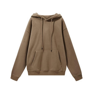 Sweat-shirt à capuche unisexe surdimensionné en molleton de coton marron uni, style décontracté pour l'automne, avec poches, coupe classique, tricoté - Product Image 2