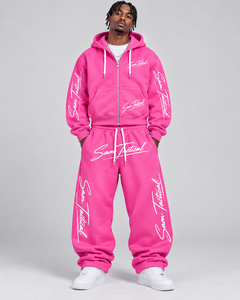 Sam Tactical Pink Hooded Tracksuit Full Length Loose Fit Cotton <b>Sweatshirt</b> and Pants Set with <b>White</b> Logo Print Casual Wear Adult - Product Image 1