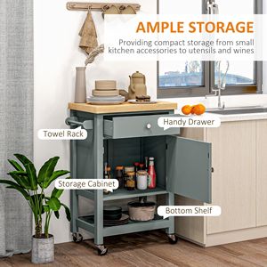 Carrello da Cucina Portatile Grigio con Design Moderno, Piano in Legno di Quercia, Cassetto, Portabottiglie e Mobiletto in Legno di Gomma - Product Image 4