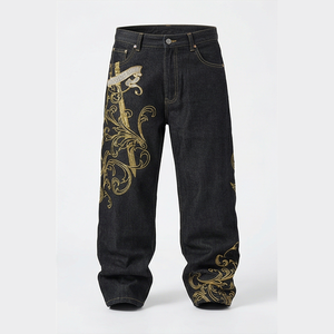 Straight-Leg Dark Wash <b>Denim</b> Jeans Men High Waist Regular Fit Cotton Embroidery Streetwear Autumn Style Pants - Product Image 1