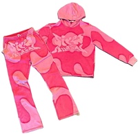 Logo personnalisé de haute qualité unisexe coton lourd bouffée impression Patchwork survêtements survêtement recadrée à capuche et pantalon de survêtement évasé ensemble hommes