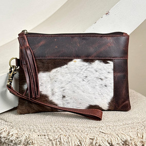 Western Hair On Hide Portefeuille à pompons en cuir véritable marron foncé Porte-cartes de crédit en cuir de vachette Pochette pour femme - Product Image 4