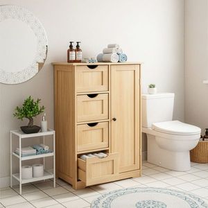 Meuble de salle de bain en MDF avec 4 tiroirs et 1 porte, couleur bois naturel, placage mélaminé, 56*30*80cm - Product Image 1