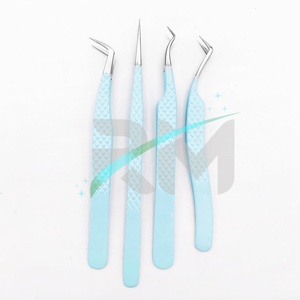 Pince à épiler de précision RMI en acier inoxydable 10 mm à pointe argentée, revêtement en poudre bleue, poignée diamantée, miroir pour cils - Product Image 1