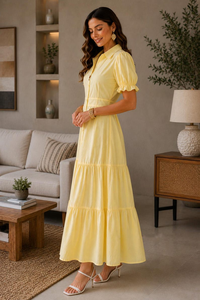 Yellow Cotton Shirt <b>Dress</b>, Short <b>Sleeve</b> Tiered <b>Tunic</b>, Beach Vacation Style - Product Image 4
