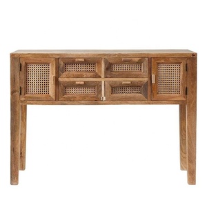 Diseño moderno en madera maciza de mango y ratán con dos amplias puertas de almacenamiento y cuatro cajones Mesa consola de pasillo con acabado natural - Product Image 5