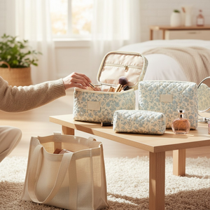 Grande trousse de maquillage matelassée en coton écologique, pochette de beauté géométrique tendance avec fermeture éclair, sacs cosmétiques de voyage personnalisés - Product Image 2
