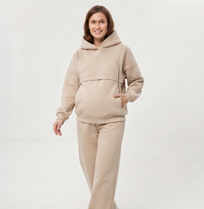 Ensemble de survêtement décontracté pour femme avec capuche zippée, en molleton 100 % coton, pantalon ample à jambes larges et survêtement de maternité à capuche zippée - Product Image 5