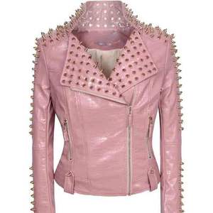 Veste de motard en cuir d'agneau véritable rose respirante faite à la main pour femmes, avec clous, pour l'hiver, OEM, étiquette privée - Product Image 1