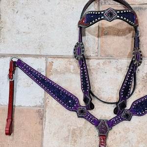 Purple <b>Glitter</b> Leather Horse Halter With Rhinestone Conchos And <b>Red</b> Leather Accents - Product Image 2