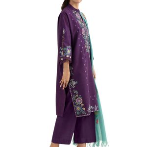 ชุดเสื้อผ้าสตรีปักลายสีม่วง ผ้าฝ้ายผสม เนื้อผ้าหรูหรา ทนทาน ชุด 3 ชิ้น - Product Image 3