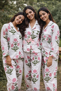 Premium Handblock Printed White Cotton Summer Women's Two-Piece Breathable Eco-Friendly Pajamas Set Full Sleeves Ankle-Length - Product Image 4