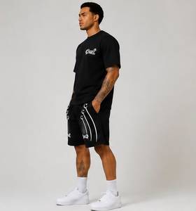 Shorts Bermuda pour homme noirs imprimés avec logo blanc et bandes latérales, décontractés, taille élastique, taille mi-haute, en coton respirant brodé - Product Image 3
