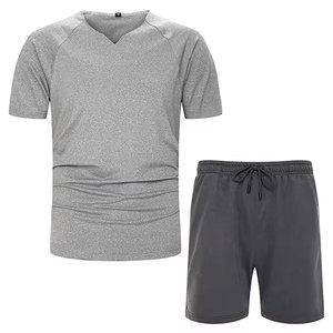 Ensemble T-shirt et short blancs à manches courtes et col rond pour homme, coupe ample, sportif, respirant, 100 % coton, imprimé motif, séchage rapide, tricoté - Product Image 1