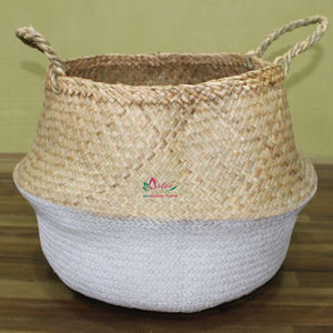 Panier en osier de feuille de palmier tissé à la main, organisateur de rangement décoratif naturel avec poignées pour le salon - Product Image 1