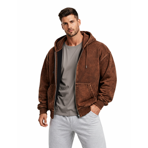 Nouveau design, coupe classique, sweat à capuche zippé épais 430g, 100% coton, marron délavé à l'acide, polaire, séchage rapide, anti-plis, unisexe, streetwear - Product Image 1