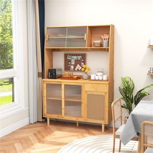 69-Inch Bamboo <b>Kitchen</b> Cabinet with Glazed PVC Doors and Tempered Glass Anti-Tilting Design and Extra <b>Storage</b> Space - Product Image 2