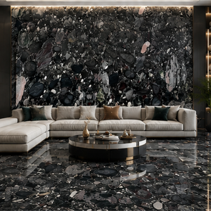 SOON CERAMIC PALISSANDRO FLUTED PEBBLE BLACK Calcite Grande dalle polie Design moderne écologique 3D Décoration murale pour salon - Product Image 1
