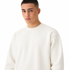 Sweat-shirt à col rond en crème, coupe ample, couleur unie, décontracté, en coton tricoté, molletonné, pour l'automne - Product Image 3