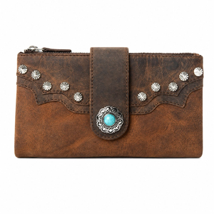 Western Genuine Leather <b>Long</b> Wallet with Concho Stud Detailing Vintage Rustic Cowgirl Clutch <b>Purse</b> Zipper Organizer Handcrafted - Product Image 1