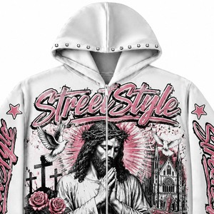 Custom Men White <b>Zip</b> Up Hoodie Pink Graphic Print Streetwear Casual Fashion <b>Hooded</b> Sweatshirt Long Sleeve For Unisex Wear - Product Image 4
