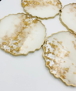 Premium Polished Natural Resin Reusable Coasters Set with Metallic Gold Rim Boxed Set for Dining Table - Product Image 5