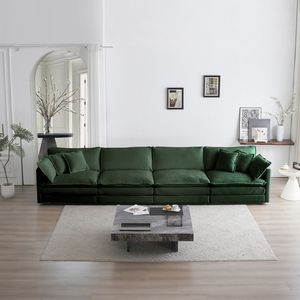 Divano Componibile a U Convertibile in Ciniglia Verde a 5 Posti con 1 Pouf per Soggiorno - Product Image 4