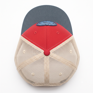 Gorra Trucker de 6 Paneles con Visera Gris, Malla Roja y Beige, Parche de Cuero Redondo con Logotipo en Relieve Personalizado OEM, Cierre a Presión, para Hombre - Product Image 6
