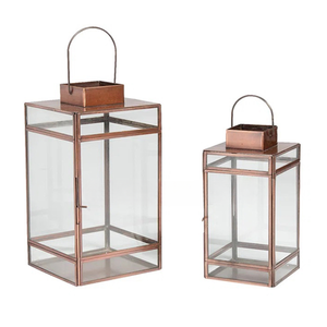 <b>Marvelous</b> Design Rose Gold Finish Metal Candle Lantern With Handle Sets of 2 Clear Glass & Hanging Use Tabletop Accessory - Product Image 1