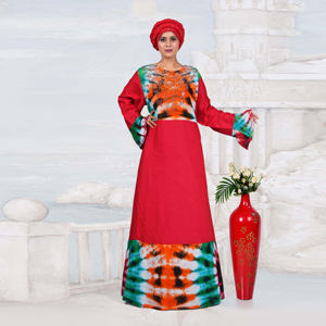 Robe longue islamique pour femme, style kaftan modeste en rayonne, avec col orné de diamants, motif tie-dye, manches longues, style Moyen-Orient - Product Image 2