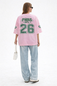 Camiseta de fútbol americano rosa personalizada de gran tamaño para mujer, estilo urbano, de malla, deportiva, OEM, al por mayor, con cuello en V - Product Image 2