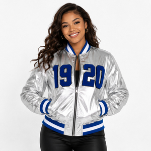 Metallic <b>Silver</b> glitter 1920 bomber zip up zeta phi beta rib knit collar bomber sorority varsity <b>jacket</b> for convention - Product Image 6