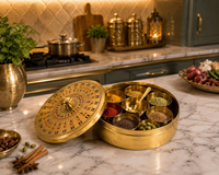 Boîte à masala en laiton avec 7 bols, rangement traditionnel indien pour épices, organiseur de cuisine avec compartiments