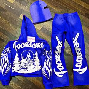 Conjunto de Sudadera con Cremallera y Pantalones Acampanados Holgados de Estilo Urbano con Pedrería, Diseño Desgastado y Personalizado por el Fabricante - Product Image 3