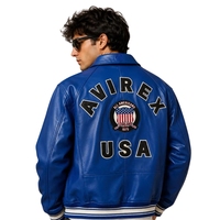 Veste en cuir Premium Coated Blue Cowsoft Shell Heritage 1975 |   Marque privée OEM/ODM Bold AVIREX Lettrage au dos Hiver USA