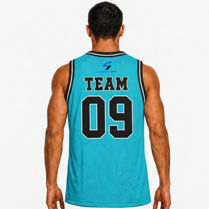 Maillot de basket-ball bleu personnalisé pour hommes, col en v, sans manches, impression sublimée, nom personnalisé, numéro 09, maille respirante, 100% Polyester - Product Image 3