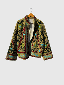 Green Embroidered Floral Velvet Jacket Mandarin Collar Full Sleeve Plus Size Women'<b>s</b> Autumn Wear - Product Image 3