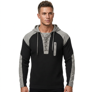 Suéter de punto con capucha para hombre, manga raglán, color sólido, informal, para invierno, con cordones delanteros y bolsillo con cremallera, 100% algodón - Product Image 2