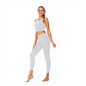 Women 2 Piece Yoga Set High Waisted Full Length Leggings Solid Color Racerback Sleeveless <b>Lace</b> <b>Elastic</b> Waist Front Workout Wear - Product Image 1