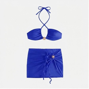 Blue Butterfly Print 2 Piece Yoga <b>Set</b> With Gold Trim Deep V Neck Halter Bodysuit And Knee Length Wrap <b>Skirt</b> - Product Image 4