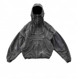 Sweat à capuche zippé vintage streetwear effet vieilli, délavé à l'acide, coupe oversize, 100% coton molletonné, tricoté, imprimé, pour l'hiver, OEM - Product Image 3
