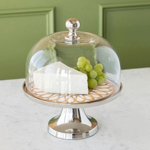 Vintage Gold Metal <b>Glass</b> Dome <b>Cake</b> <b>Stand</b> with Ornate Base Round Dessert Display Cover - Product Image 3