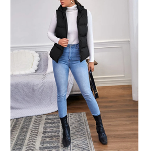 Gilet matelassé noir à capuche sans manches pour femme, avec fermeture éclair, vêtement d'extérieur d'hiver, couleur unie - Product Image 4