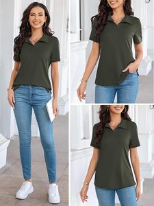Polo de Manga Corta para Mujer, Color Sólido, Tejido Transpirable, Estilo Casual Deportivo, Largo Regular, Verde Oliva - Product Image 5