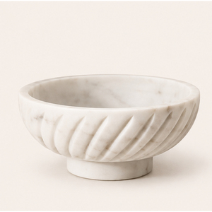 Bol sur piédestal en marbre blanc de luxe, fait main, à bord cannelé festonné, plat à fruits décoratif en pierre, moderne, côtelé, vente en gros - Product Image 1